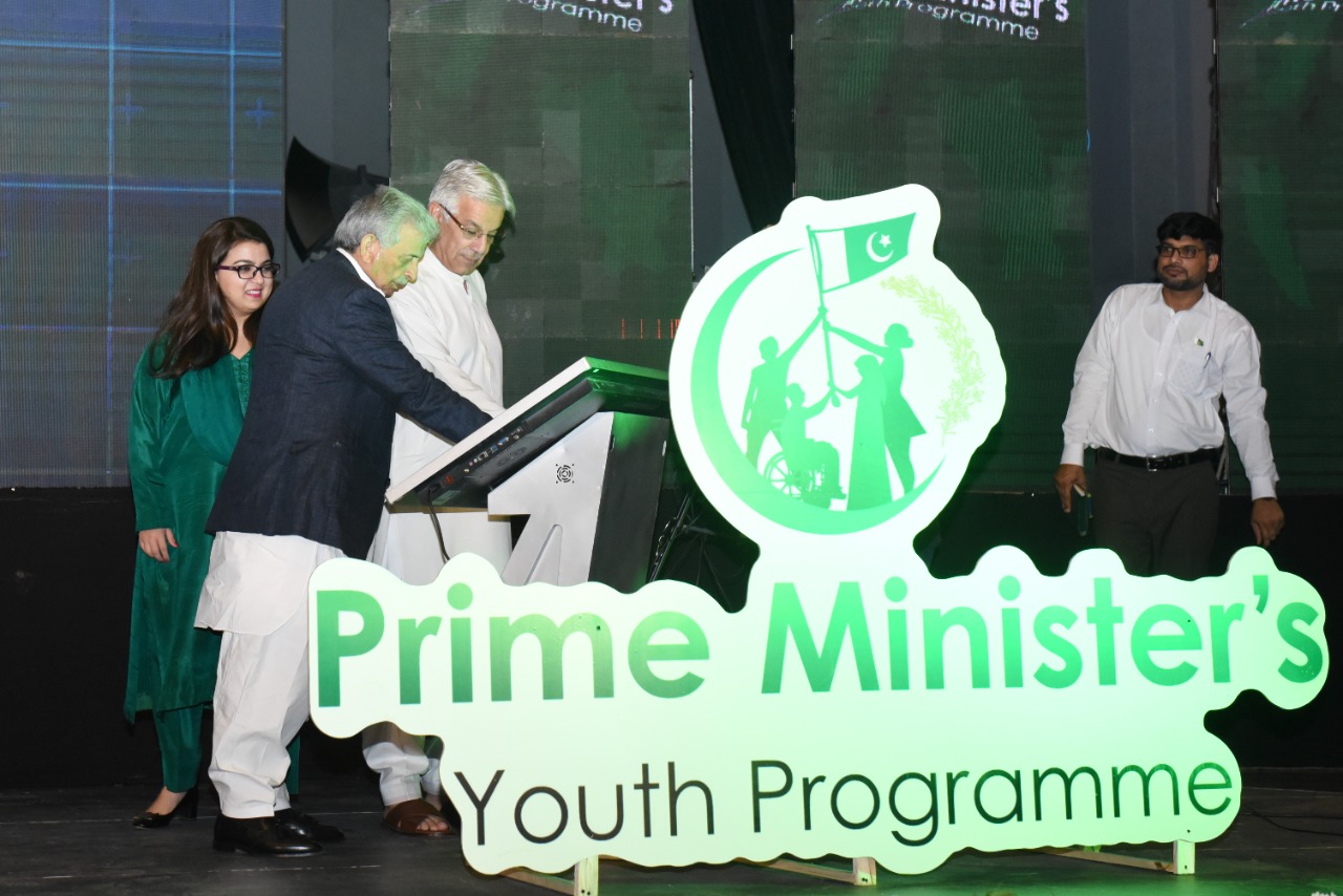 Defence Minister Khawaja Asif and Minister for Education & Professional Training Rana Tanveer Hussain formally inaugurating the five new initiatives under Prime Minister's Youth Programme.